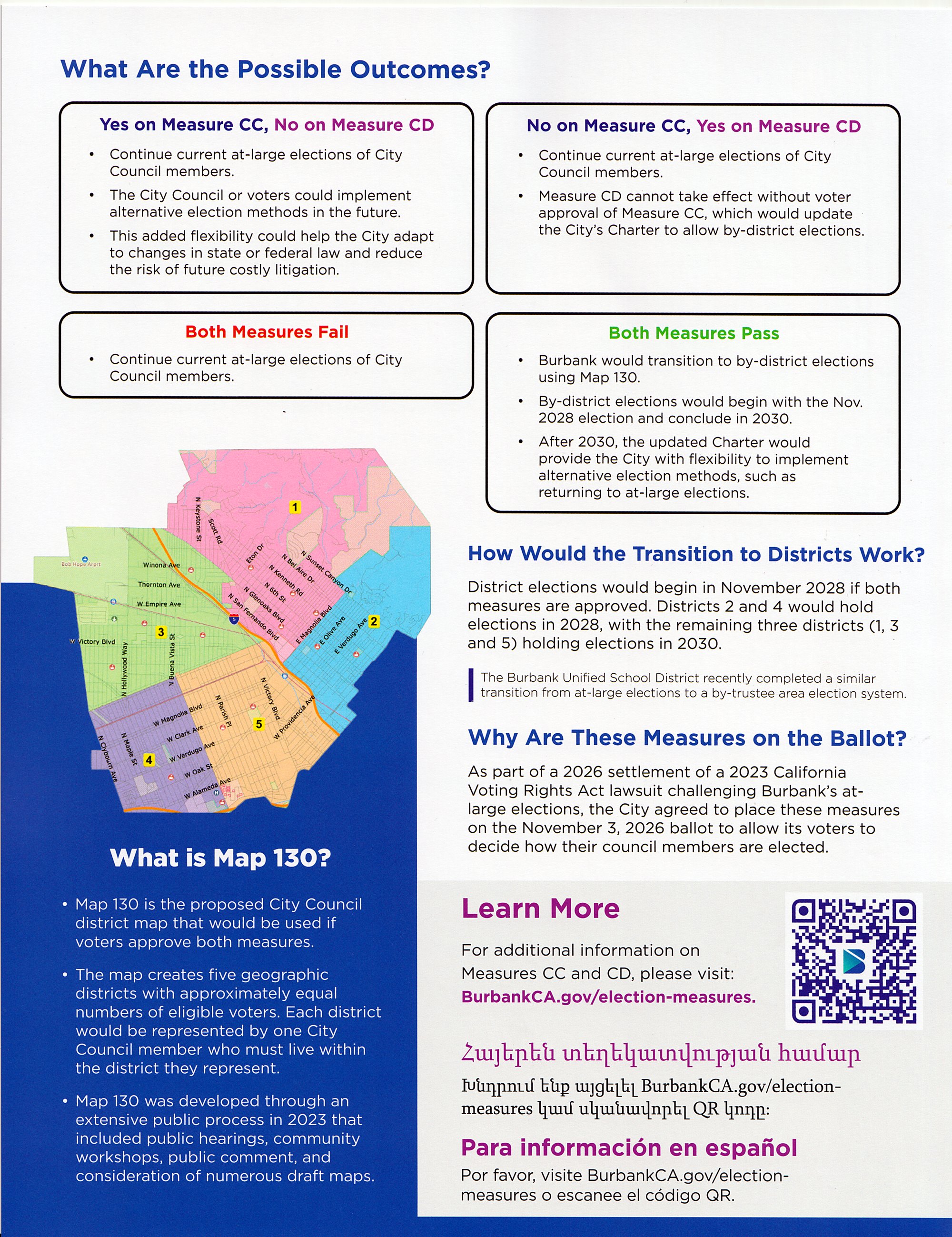 Back of the City of Burbank Measures CC and CD mailer: the four possible outcomes, the Map 130 district map, how the transition would work and why the measures are on the ballot