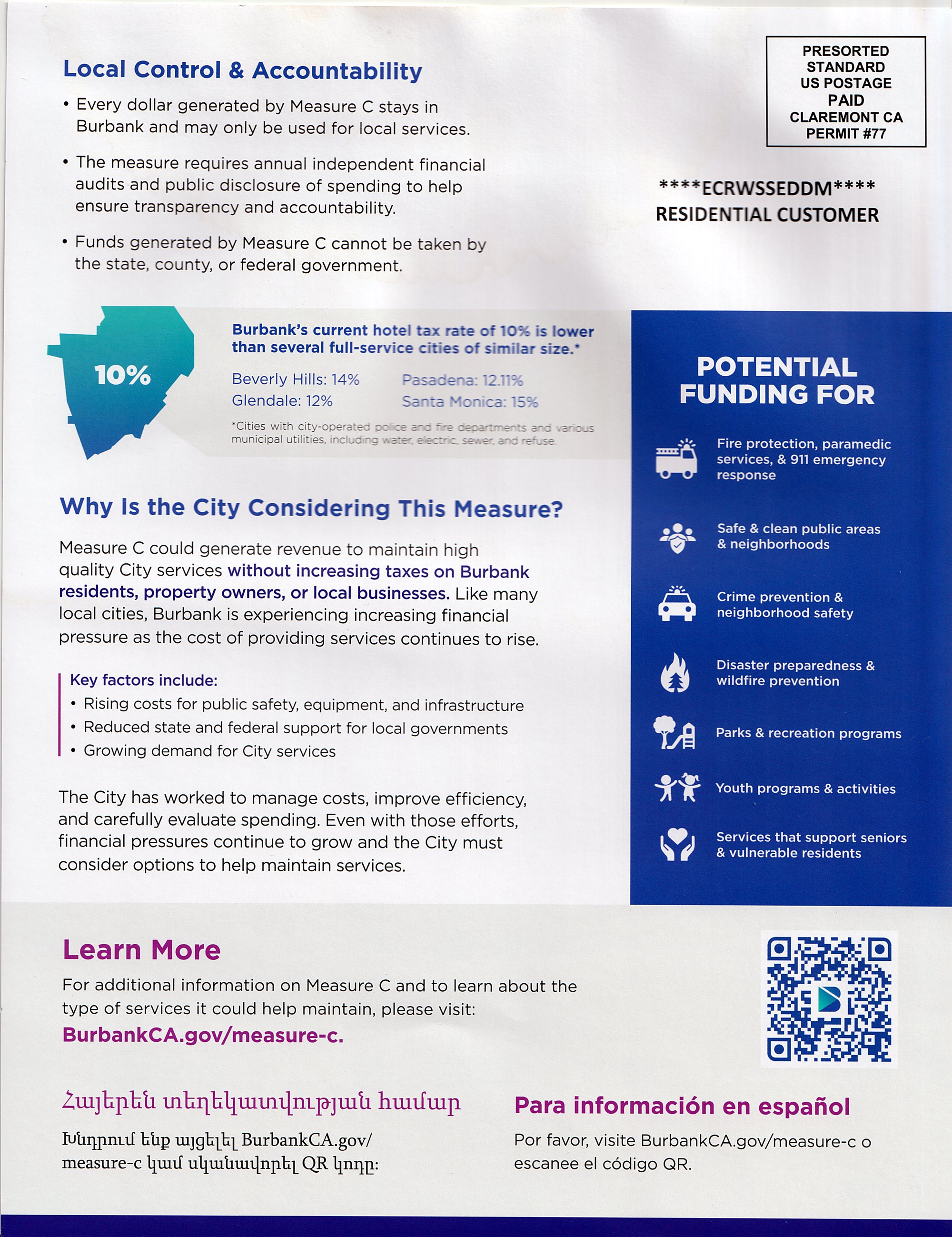 Back of the City of Burbank Measure C mailer, addressed to Residential Customer, with sections on local control, why the City is considering the measure, and what the money would fund