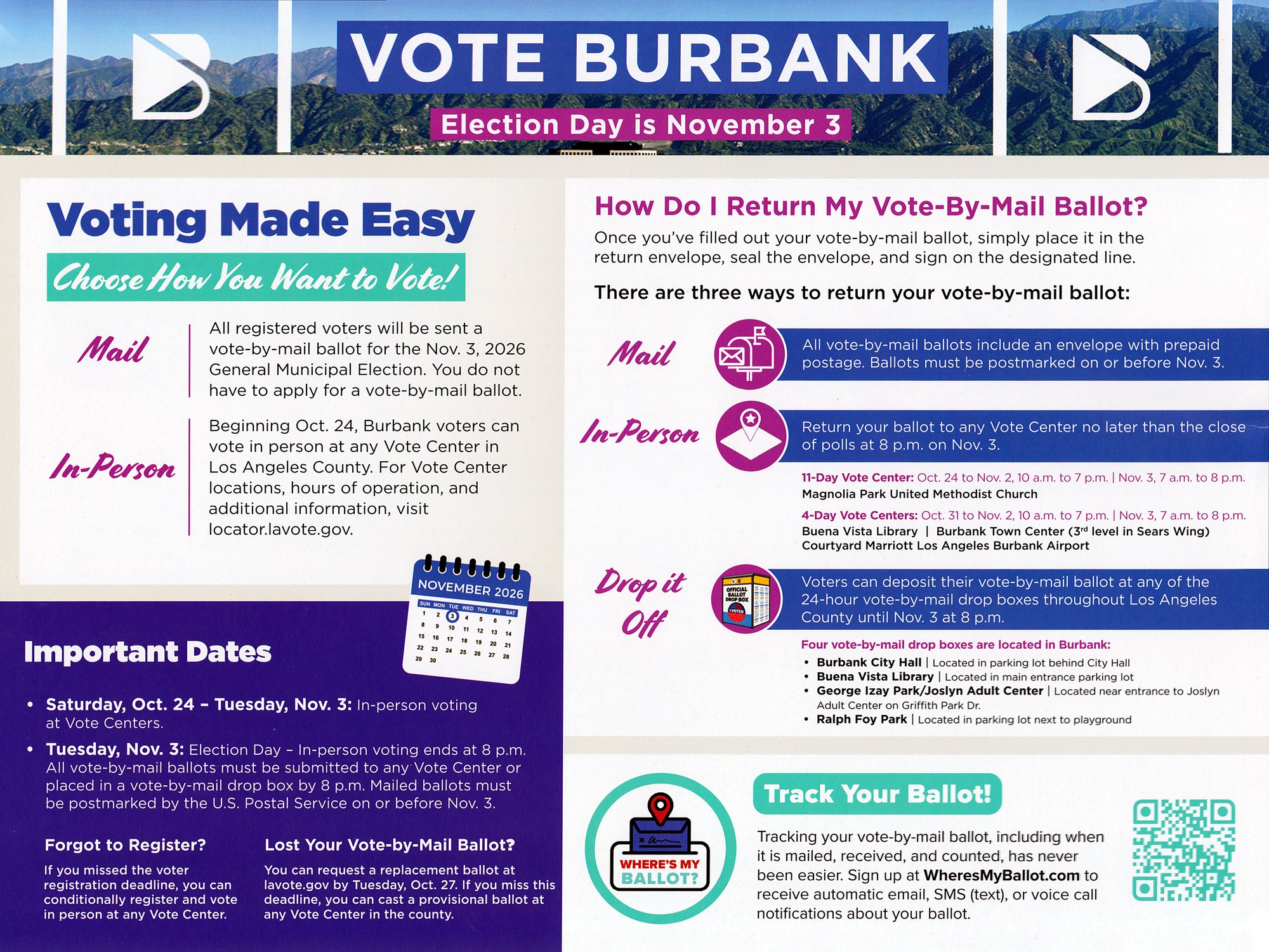 Front of the City of Burbank Vote Burbank mailer: Election Day is November 3, with voting instructions, important dates, vote center and drop box locations