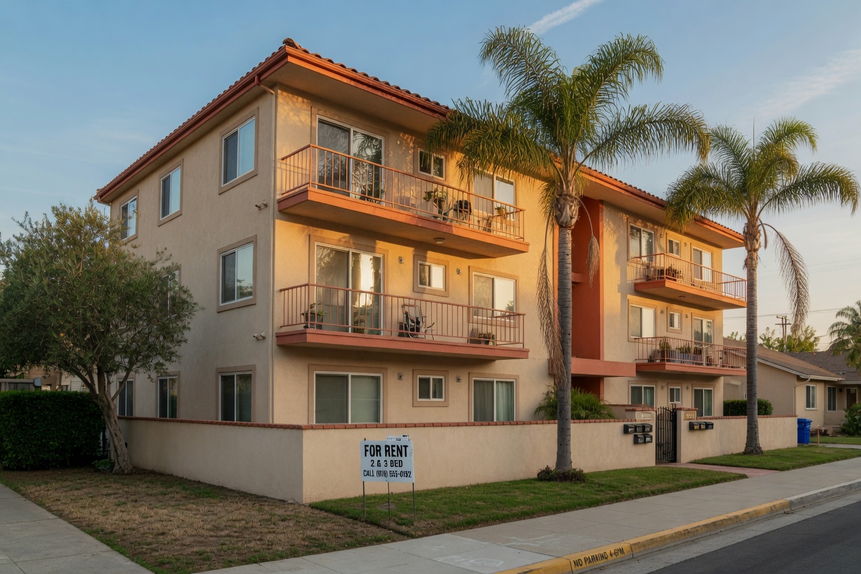 A three-story Southern California apartment building at golden hour with a For Rent sign posted on the front lawn.