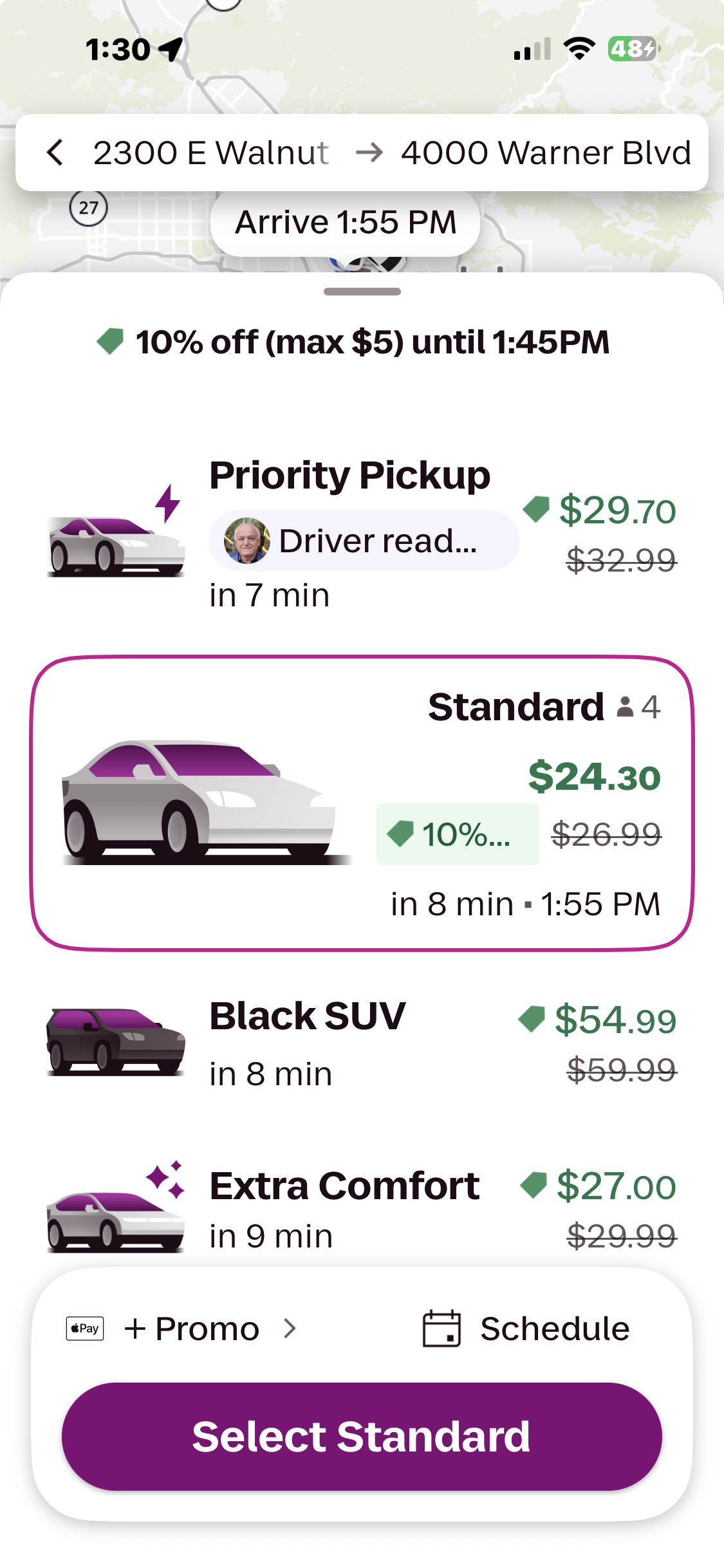 A rideshare app fare quote showing a $24.30 Standard fare from 2300 E Walnut, Burbank to 4000 Warner Blvd, Burbank